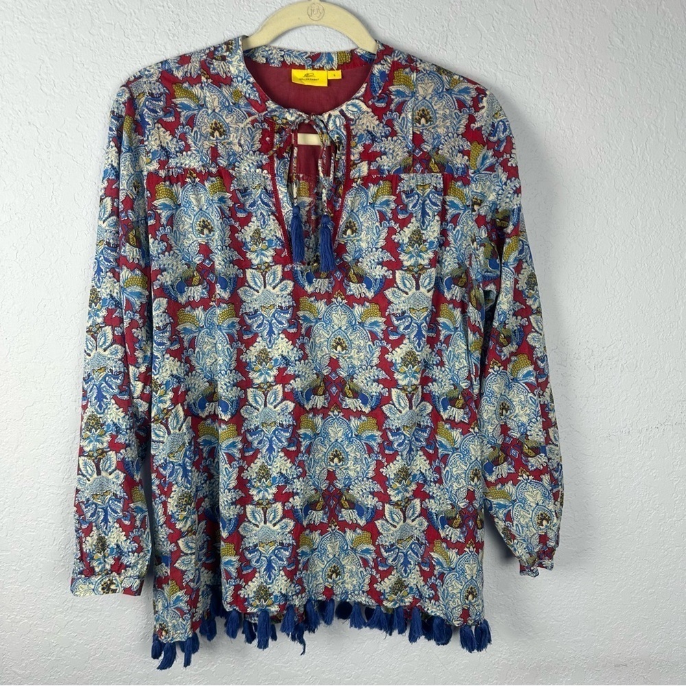 Roller Rabbit Gauze Cotton Tassel Fringe Boho Tunic Size S Floral Top